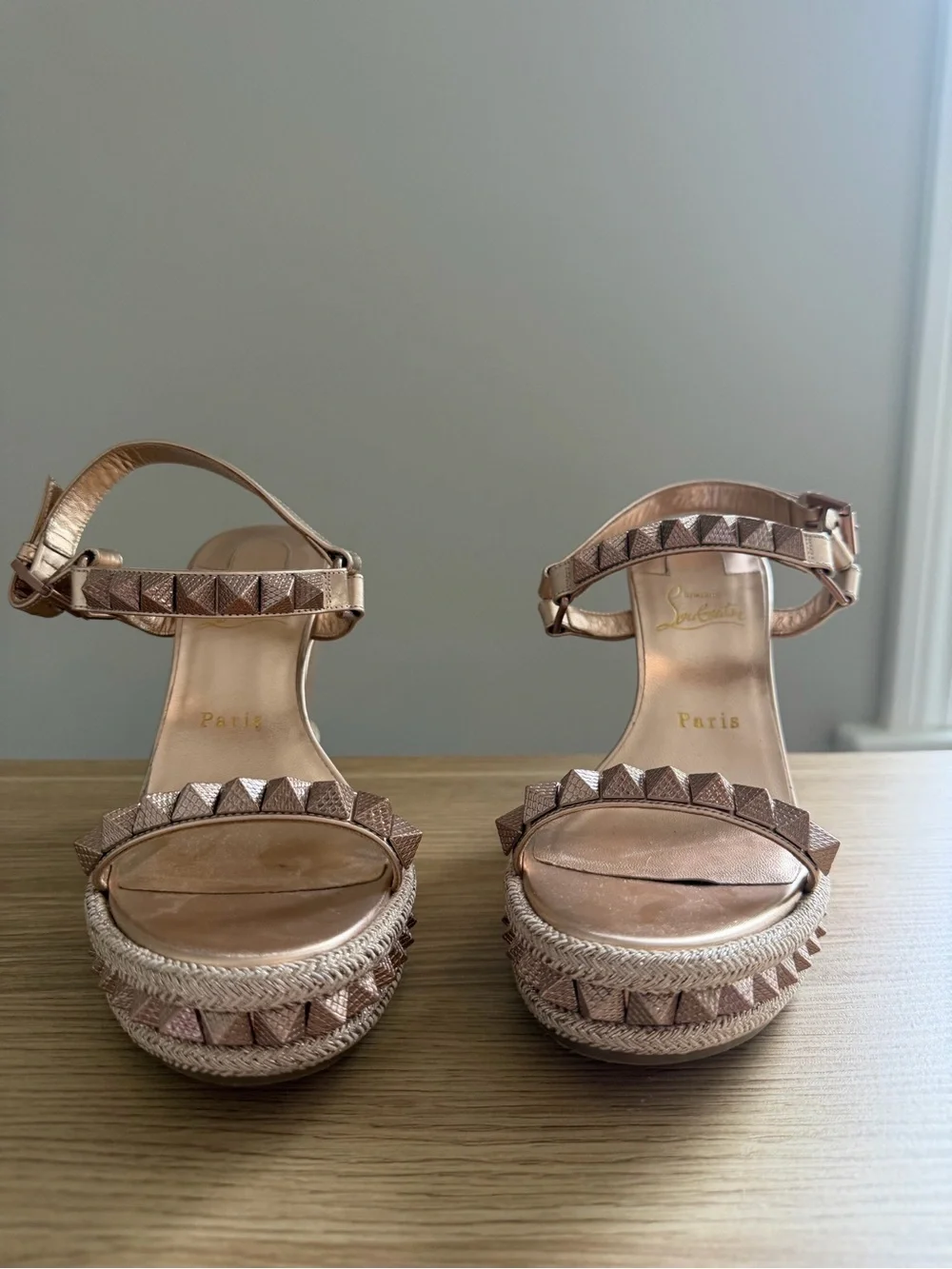 Christian Louboutin Rose Gold Studded Espadrille Wedges